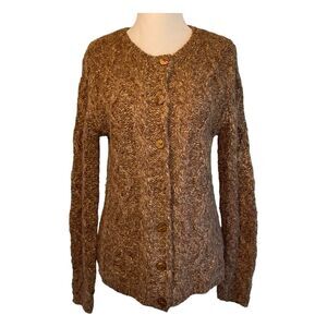 Elena Solano Handmade Cable Knit Cardigan Sweater Brown Heather Button Front